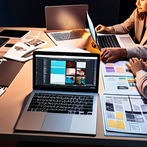 Home 11 **Image:** Designers and media planners collaborating around a table covered in design mockups and media plans, illuminated by the soft glow of laptop screens. Emphasize the synergy and brainstorming process.