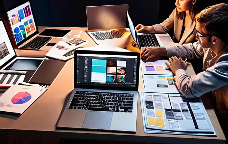 **Image:** Designers and media planners collaborating around a table covered in design mockups and media plans, illuminated by the soft glow of laptop screens. Emphasize the synergy and brainstorming process.