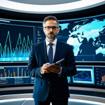 A highly intelligent professional media planner, an adult man, standing in a sophisticated, futuristic data control room. He is dressed in a modest business suit, looking intently at a large, interactive holographic display filled with abstract data visualizations, representing streams of information and predictive analytics. A glowing, digital compass icon points towards a clear strategic direction on the screen. The atmosphere is clean and high-tech, emphasizing innovation and strategic decision-making in media planning. Fully clothed, appropriate attire, safe for work, perfect anatomy, natural pose, well-formed hands, correct proportions, professional photography, high quality.