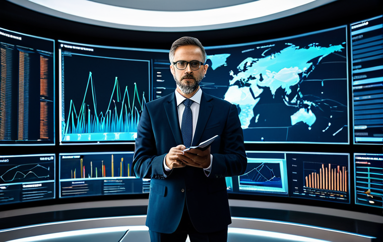 A highly intelligent professional media planner, an adult man, standing in a sophisticated, futuristic data control room. He is dressed in a modest business suit, looking intently at a large, interactive holographic display filled with abstract data visualizations, representing streams of information and predictive analytics. A glowing, digital compass icon points towards a clear strategic direction on the screen. The atmosphere is clean and high-tech, emphasizing innovation and strategic decision-making in media planning. Fully clothed, appropriate attire, safe for work, perfect anatomy, natural pose, well-formed hands, correct proportions, professional photography, high quality.