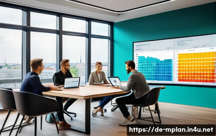 미디어 플래너의 다양한 경력 옵션 - A modern media planning office scene in a vibrant Berlin advertising agency, showing a diverse team ...